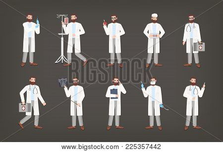 Bundle of male doctor, physician or surgeon standing in various poses. Set of bearded man dressed in white coat holding medical equipment - syringe, douche, X-ray image, scalpel. Vector illustration