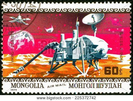Ukraine - circa 2018: A postage stamp printed in Mongolia show interplanetary stations Viking 1 and 2. Series: Air Mail. Apollo 11 Moon Landing 10th Anniversary. Circa 1979.