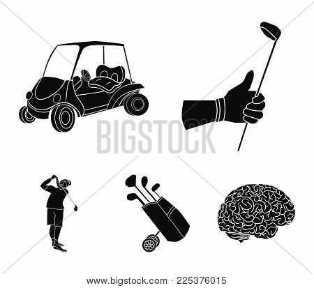 A Gloved Hand With A Stick, A Golf Cart, A Trolley Bag With Sticks In A Bag, A Man Hammering With A 