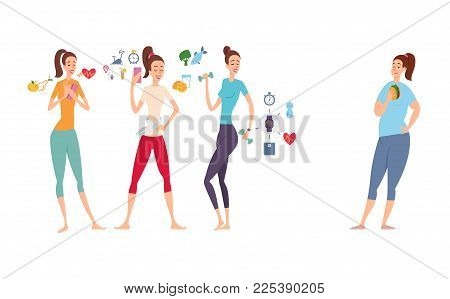Slim and athletic girls and their fat girlfriend eating a sandwich