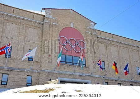 LAKE PLACID, NY, USA - MAR. 20, 2011: Olympic Center on Main Street in village of Lake Placid, New York, USA. This arena hosted various events during the 1932 and 1980 Winter Olympic Games.