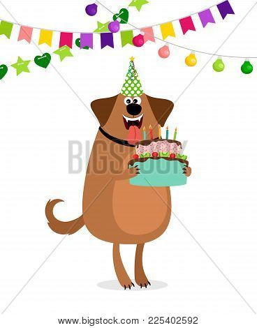 Happy Birthday Card With Cartoon Dog, Cake And Bounting Flags Garland, Vector Illustration