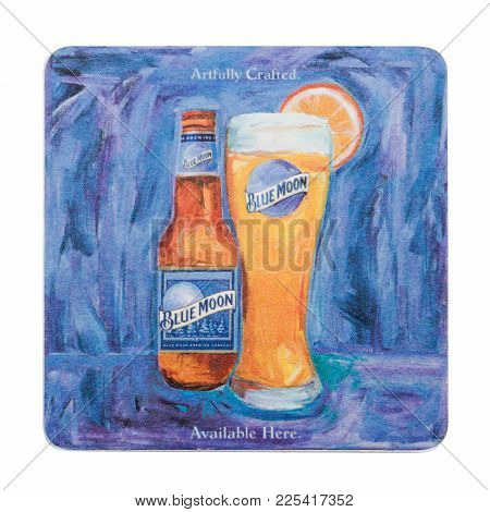 London, Uk - February 04, 2018: Blue Moon Beer Beermat Coaster Isolated On White Background
