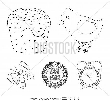 Easter Cake, Chicken, Butterfly And Greeting Sign.easter Set Collection Icons In Outline Style Vecto