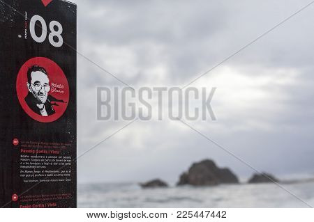 Blanes,spain-january 20,2017:sign Informacion, Cultural And Literary Route Of Chilean Novelist Rober