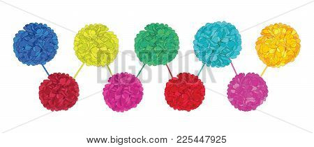 Vector Set Of Happy Colorful Birthday Party Paper Pom Poms. Great For Handmade Cards, Invitations, W