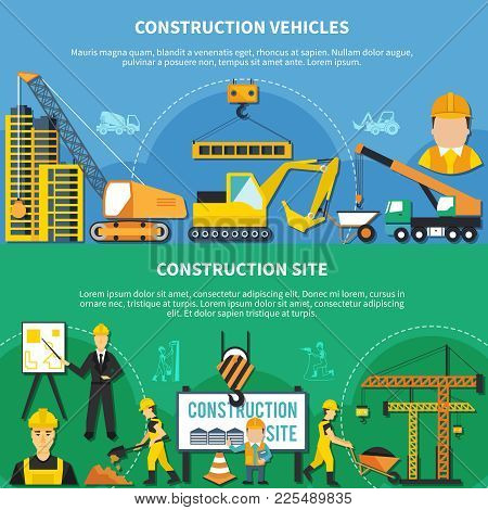 Two Flat And Colored Construction Worker Banner Set With Construction Vehicles And Site Descriptions
