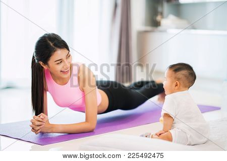 Asian Mother Fit And Play Yoga For Lose Weight After Delivery A New Born Baby In Home, Mom, Mother, 