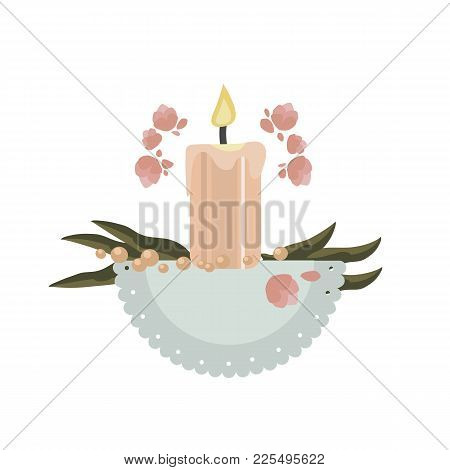 Composition Of Candles, Leaves, Flowers And The Napkin
