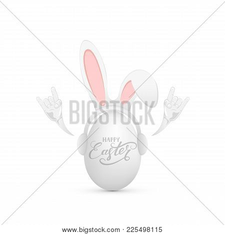 Funny Mask With Rabbit Ears On Easter Egg And Rock And Roll Hand, Illustration.