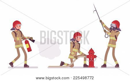 Young Male Firefighter At Duty. Professional Fireman Uniform, Fire Department Rescuer With Buckthorn