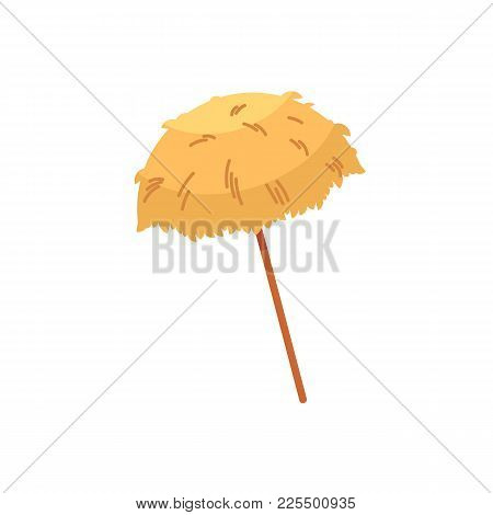 Hawaiian Thatch Tiki Umbrella, Sunshade, Symbol Of Beach Vacation, Flat Cartoon Vector Illustration 