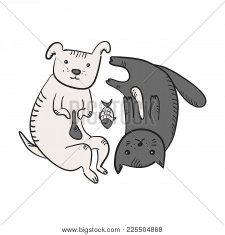 Cute Funny Cartoon Yin And Yang Symbol With Cat, Dog And Fish. Black And White Sketchy Hand Drawn Th