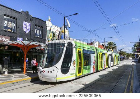 St Kilda, Melbourne, Australia: March 06, 2017: A C2 Class Electric Tram Arrives At The Acland Stree