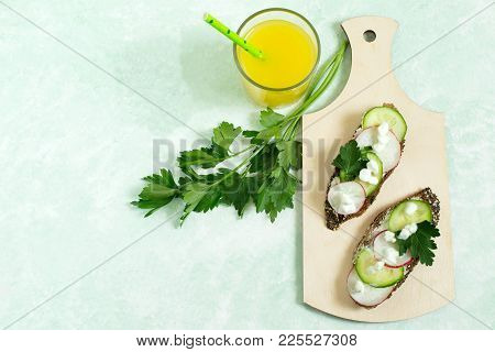 Spring Vitamin Toast From Whole Wheat Bread With Sesame And Poppy Seeds. Toasts Are Spread Defatted 