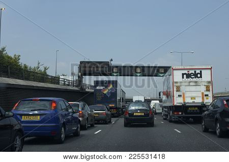 Stationary Traffic Queue Approaching Dartford Tunnel Crossing River Thames London England