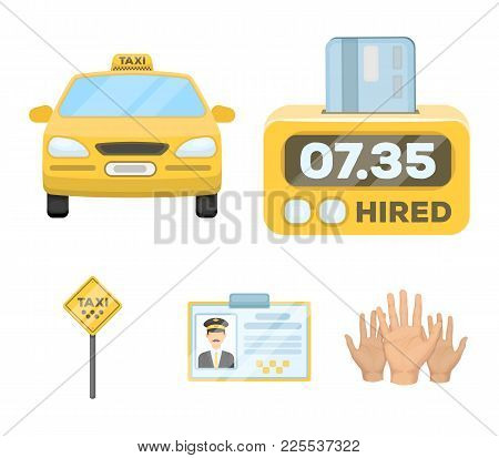 The Counter Of The Fare In The Taxi, The Taxi Car, The Driver's Badge, The Parking Lot Of The Car. T