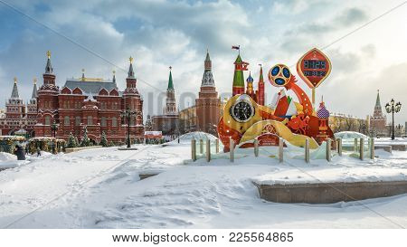 Moscow, Russia - February 5, 2018: Fifa World Cup 2018 Countdown Clock At The Heart Of Moscow In Win