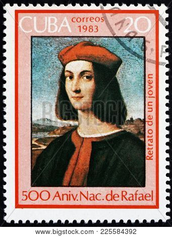 Cuba - Circa 1983: A Stamp Printed In Cuba Shows Portrait Of A Youth, Painting By Raphael, 500th Bir