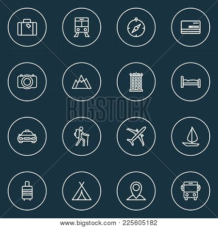 Traveling Icons Line Style Set With Hotel, Bed, Suitcase And Other Canopy Elements. Isolated Vector 
