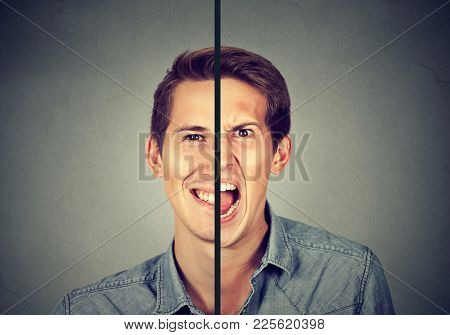 Bipolar Disorder Concept. Young Man With Double Face Expression Isolated On Gray Background