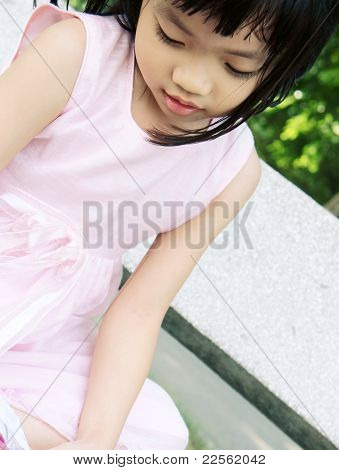 Pink Dress Girl On Bench