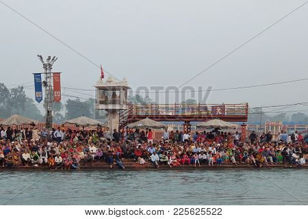 Haridwar, India - November, 6th, 2017. People On The Ganga River Embankment, Har Ki Pauri. Har Ki Pa