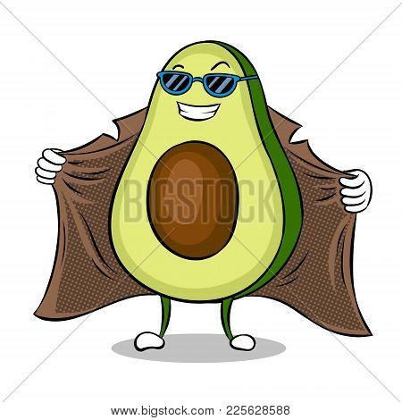 Avocado Exhibitionist In Raincoat Pop Art Retro Vector Illustration. Cartoon Food Character. Isolate