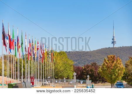 Canberra, Australia - March 7, 2009: Flag Display With View Of Telecom Tower In Canberra