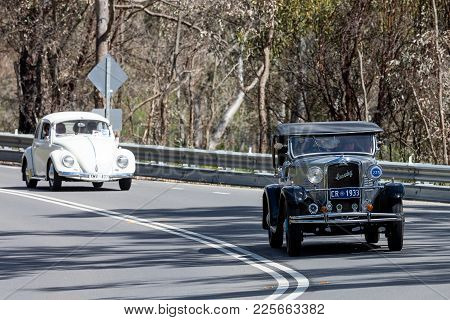 Adelaide, Australia - September 25, 2016: Vintage 1933 Crossley 10 Hp Tourer Driving On Country Road