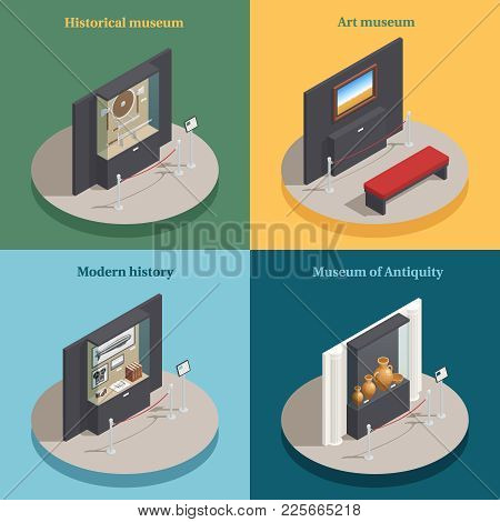 Art Museum Showcase 4 Isometric Icons Concept Square Composition With Historical Antique Display Cas