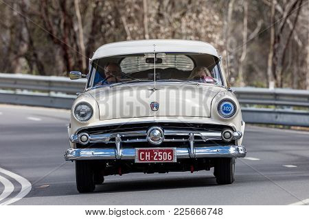 Adelaide, Australia - September 25, 2016: Vintage 1954 Ford Mainline Driving On Country Roads Near T
