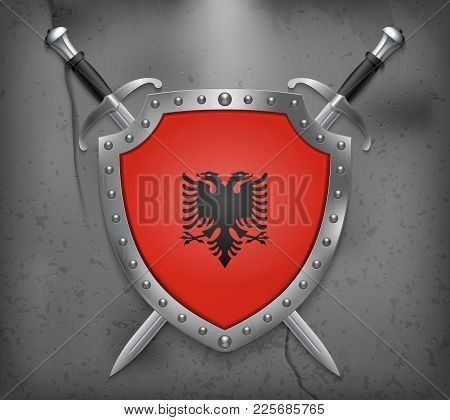 Flag Of Albania. The Shield With National Flag. Two Crossed Swords. Medieval Background