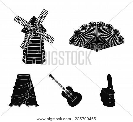 Fan Spanish, Mill, Guitar, Skirt For National Spanish Dances. Spain Country Set Collection Icons In 