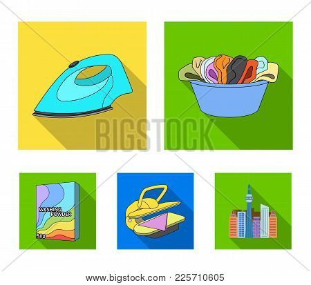 A Bowl With Laundry, Iron, Ironing Press, Washing Powder. Dry Cleaning Set Collection Icons In Flat 