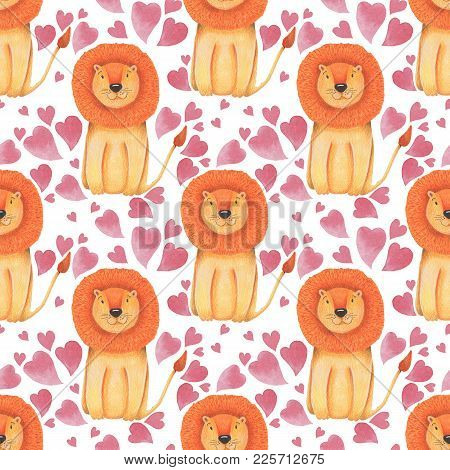 Watercolor Pattern Animal Cute Lion On A White Background. Hand Draw Illustration. Valentine's Print