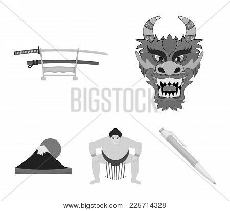 Dragon Mask, Katano, A Man Is A Sumo Player, A Fujiama Mountain.japan Set Collection Icons In Monoch