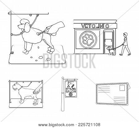Visiting A Vet Clinic, A Signboard Of A Stylish Salon For A Pet, A Haircut Of Dogs. Vet Clinic And P