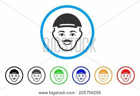 Hipster Head Rounded Icon. Style Is A Flat Hipster Head Gray Symbol Inside Light Blue Circle With Bl