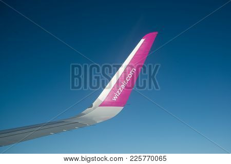 Budapest, Hungary, February 4, 2018: Wizz Air Plane Wing During The Flight