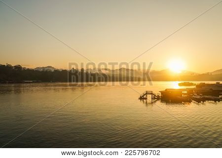 Landscape Of Floating Residence In Sunrise In The Morning Sangklaburi, Kanchaburi Thailand