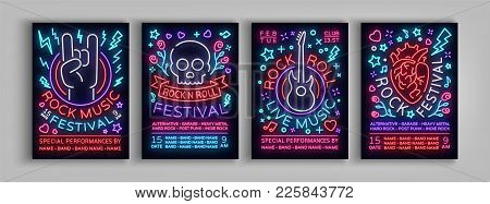 Rock Festival Set Of Posters In Neon Style. Collection Neon Sign, An Invitation To The Concert Broch