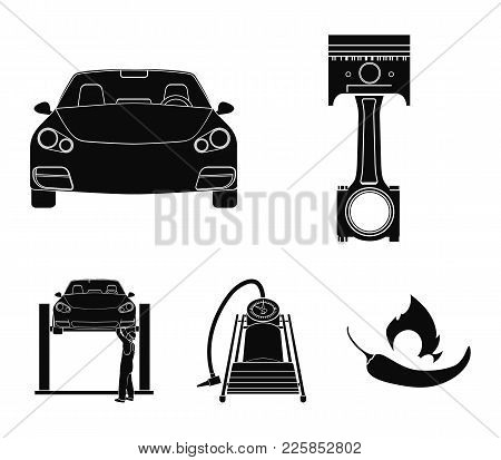 Car On Lift, Piston And Pump Black Icons In Set Collection For Design.car Maintenance Station Vector