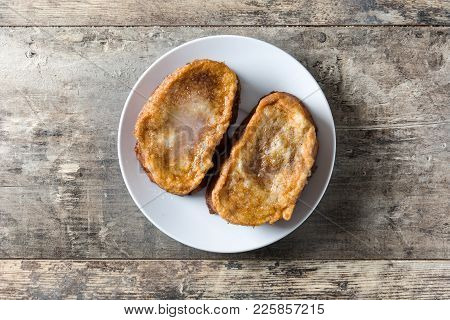 Traditional Homemade Spanish Torrijas On Wooden Background. Top View. Easter Dessert.