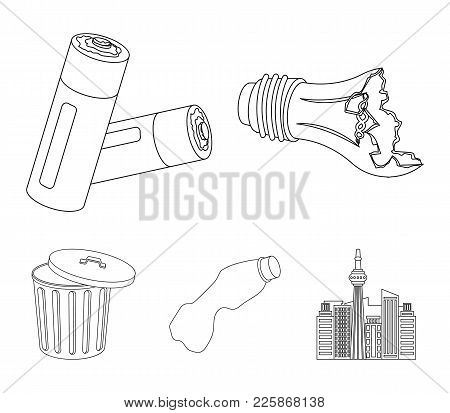 Broken Light Bulb, Used Batteries, Breaking A Plastic Bottle, Garbage Can With A Sign.garbage And Tr