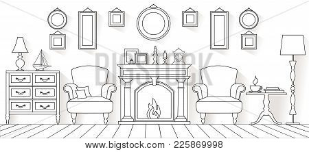 Vector Living Room In Outline Style. Linear Interior With Furniture And Fireplace.