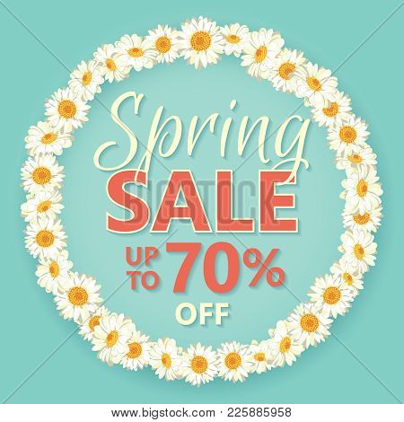 Spring Sale Banner With Daisy Chain And Text Up To 70 Percent Off On Vintage Blue Background. Vector
