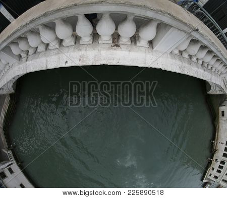 Strange Perspective Of The Rialto Bridge In Venice Italy Photographed With Fisheye Lens Leaning Very