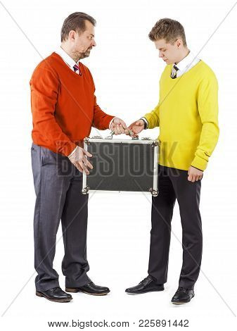 Business Transfer Deal. Handover Of A Suitcase In The Hands Of Partner.