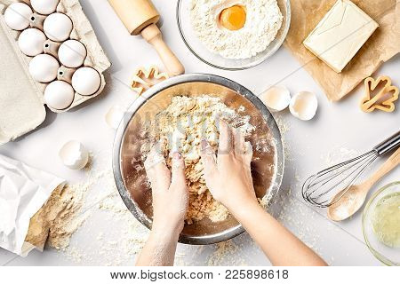 Baker Preparing To Knead The Dough, Top View. Cooking, Bakery Concept. Still Life. Flat Lay. White B